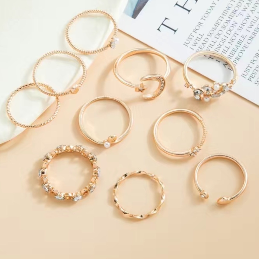 Gold Star Moon Opal Zircon Ring Set 10pc - Picture 3 of 7